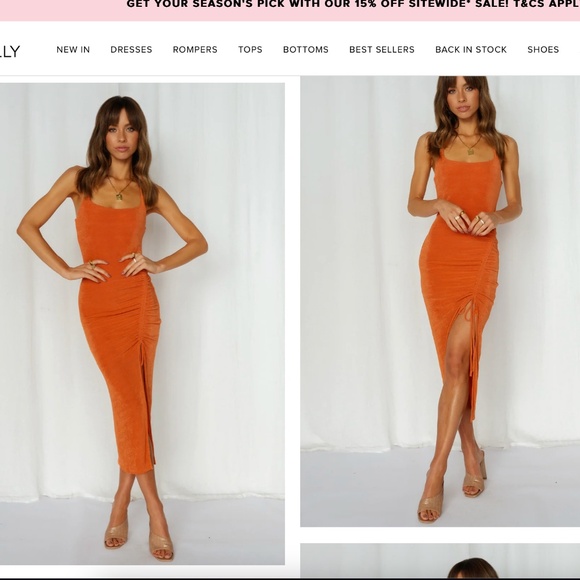 Hello Molly Dresses & Skirts - NWT HELLO MOLLY NO BAD VIBES HALTER TIE MIDI DRESS ORANGE SHIMMER XS BODYCON